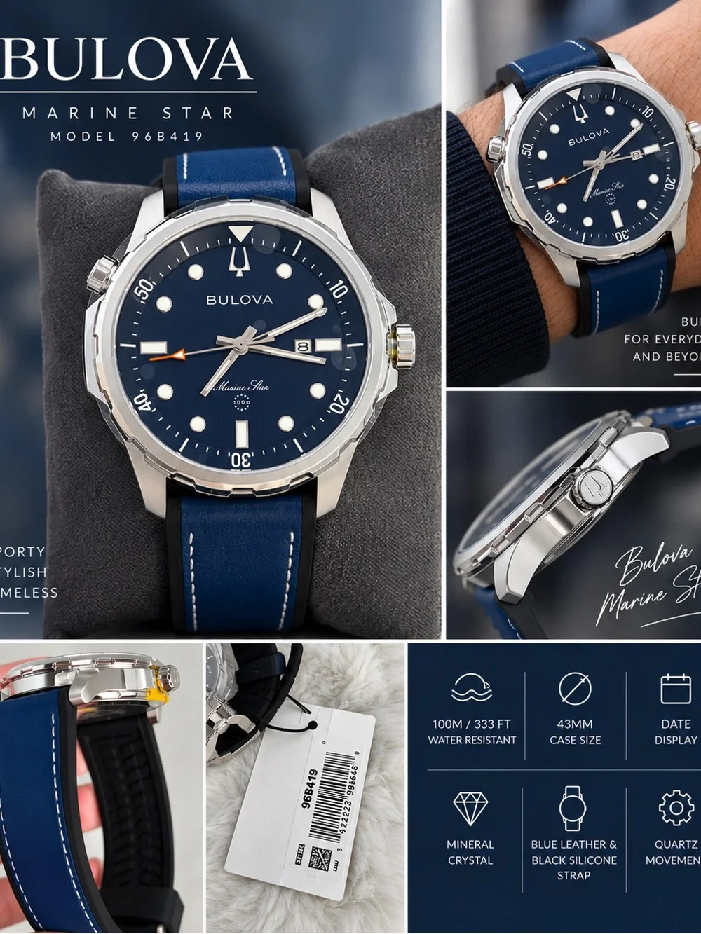 Bulova Marine Star Men’s Watch 96B419 Blue Leather NWT Box